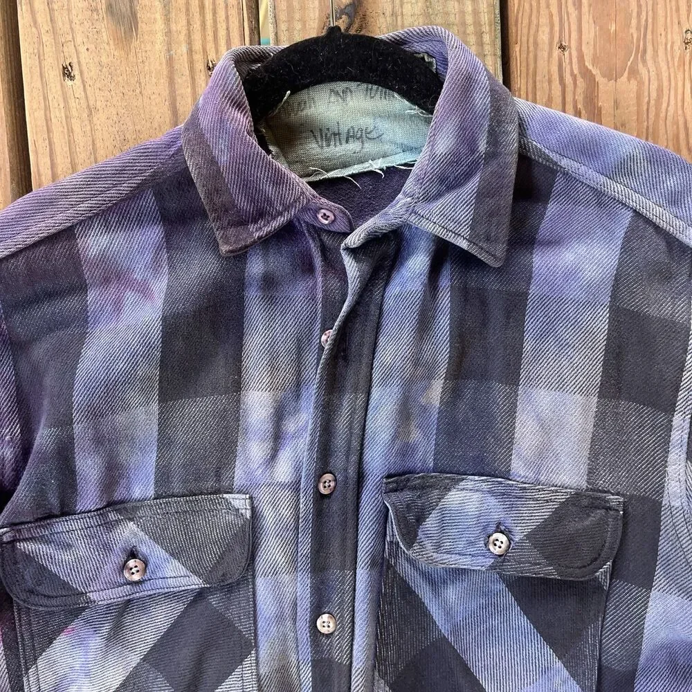 Handmade Tie Dye Purple & Black Plaid Utility Shirt Shacket - Unisex Size Large - Picture 4 of 9